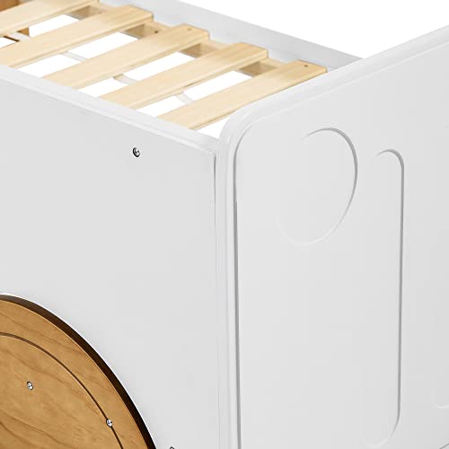 Merax Autobett Kinderbett 90x200cm, Bett mit Lattenrost und MDF-Rädern, Kinder Spielbett mit Rausfallschutz, Rahmen aus Kiefer, Kindermöbel, für Jungen und Mädchen, Weiß + Natur