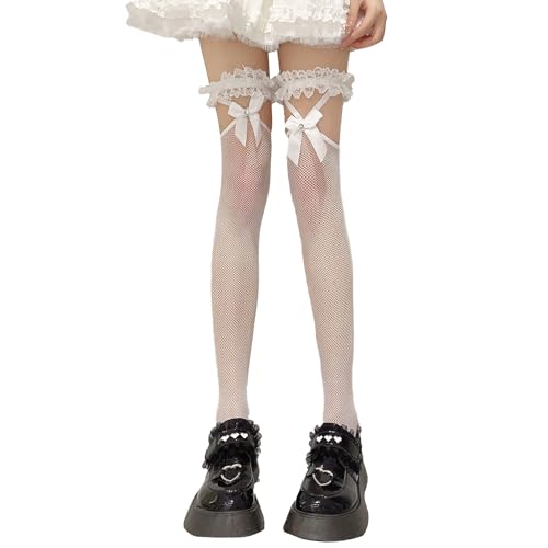 Thigh High Stockings with Bow, Santa Accessory Y2K Fishnet Socks with Lace Brim Lingerie Tights for Women