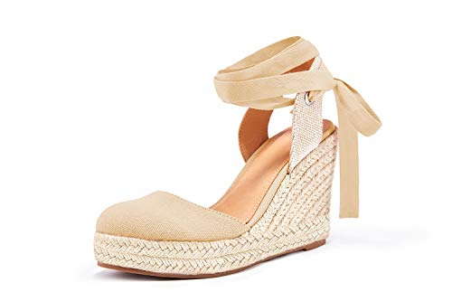 Image of Nailyhome Women's Espadrille Wedge Sandals Closed Toe Lace Up Platform Ankle Wrap Summer Casual Shoes