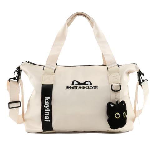 Image of PALAY Travel Bag Beige Waterproof Nylon Duffle Bag for Gym with Cat Charm | Large Capacity, Water-resistant Fabric, Letter Cat Ear Design, Removable Strap, Carry on Tote for Dance, Workout, Travelling