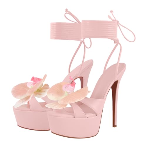 Women's Floral Round Toe Platform High Heels Lace Up Strappy Heeled Sandals