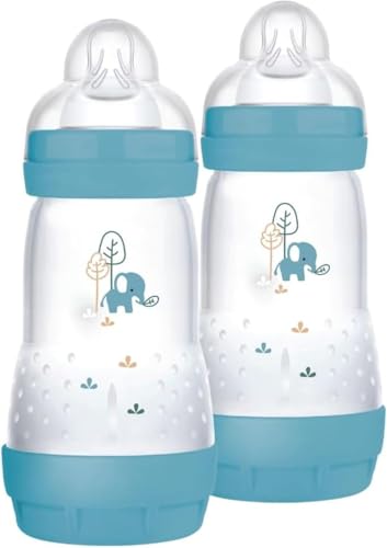 MAM Biberon Easy Start 260 ml (Set da 2), Kit da 2 biberon anticolica per allattamento misto, Riduce le bolle d'aria e il rischio di coliche, Accessori neonati 2+ mesi con tettarella misura 2, Azzurro