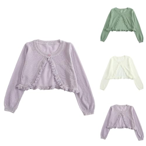 Knitted Cardigan for Evening Dress Girls Cropped Sweaters Ruffle Trim Long Sleeve Trendy Shawl Plain Cute Sweater