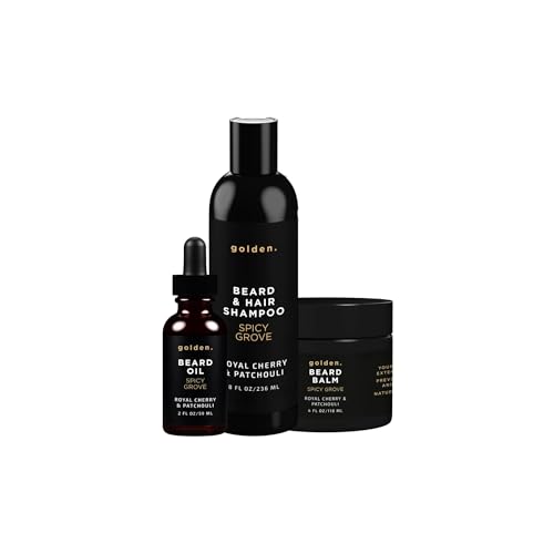 Image of Golden Grooming Beard Bundle XL (Double Size Value Kit) 8oz Shampoo, 4oz Balm, 2oz Oil - Spicy Grove