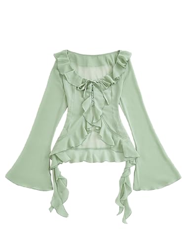 WDIRARA Women's Tie Front Ruffle Sheer Blouse Long Flare Sleeve Going Out Tops Shirt