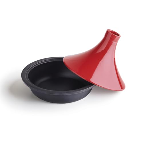 Qdesign - Tajine en fonte Ovale 29 cm - Contenance 2,4 L - Couvercle en céramique - Convient pour Induction - Passe au Four - Rouge
