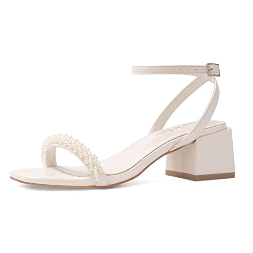 Shoe'N Tale White Heels for Women Low Chunky Block Heel Square Open Toe Heeled Sandals