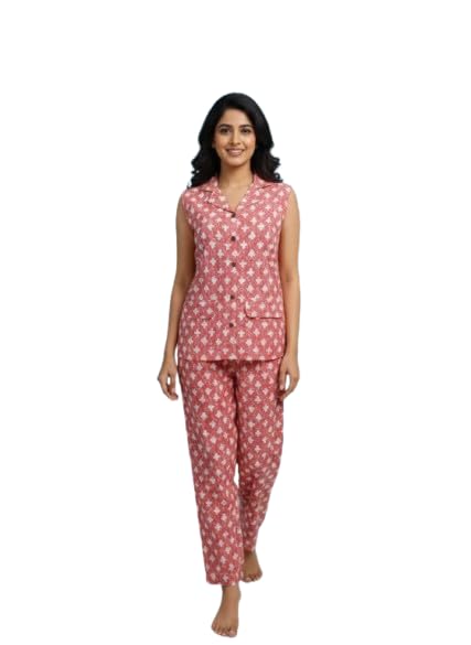 Women's Cotton Flax Printed Co-Ord Set Sleeveless Button Front Collared Top with Straight Pants Casual Lounge Wear Summer Two Piece Outfit Soft Breathable Comfort Fit-image-2