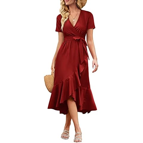 Florboom Dresses for Women Summer V Neck Short Sleeve Casual Elegant Wrap Midi Dress, Burgundy 12-14 Cover