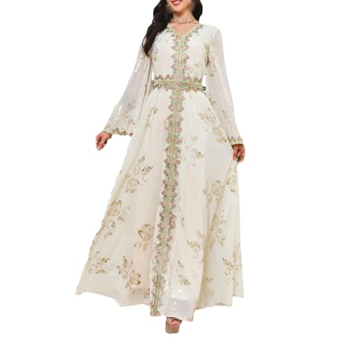 Abaya blanche opaque non transparente en dentelle dorée pour femme musulmane