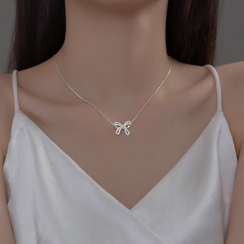 SLUYNZ Solid 925 Sterling Silver CZ Bow Choker Necklace for Women Teens Bowknot Pendant Necklace2