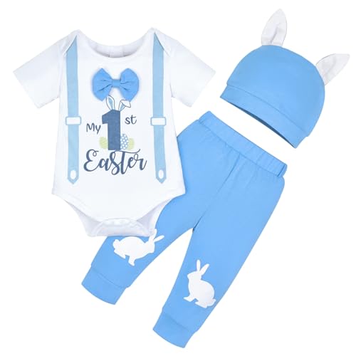 Image of Aenbilo My 1st Easter Outfit Infant Baby Boys Easter Day Outfits Long Sleeve Bow Tie Romper Bunny Pants with Hat Clothes Sets