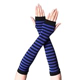 Boguish Womens Warm Fingerless Gloves Striped Elbow Length Knitted Stretchy Arm Warmers with Thumb Hole for Women Girls