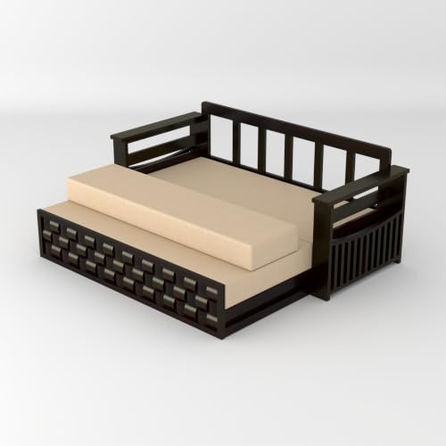 Image of Solid Sheesham Wood Sofa Cums Bed with Mattress & Storage | Rosewood Convertible Sofa Bed for Living Room & Bedroom (G-Walnut, 3 Seater)