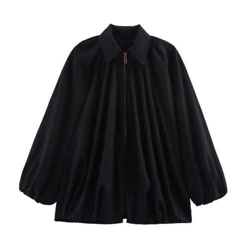 Bomber Jacket for Women Oversized Streetwear Casual Batwing Sleeve Lapel Collar Zip Front Pleated Shirts