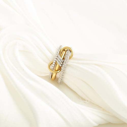 BKC Gold Stackable Rings for Women, 14k Gold Plated Chunky Statement Cubic Zirconia Rings, Silver Gold Multi Ring Interlocking Mixed Metals Stack Rings Set Non Tarnish4