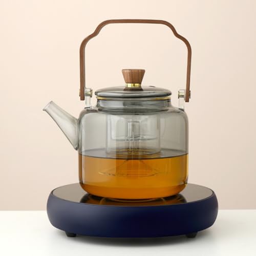 【Pakabi】電 気ストーブデスクトップ 、超小型 、耐熱ガラスケトル 、多機能、で実用的な、温度調節可能 耐久 軽量 オフィスや旅行に最適 自動電源オフ 静か(グレー) (ブルー チタンセラミックコンロ 110V ケトル付き)