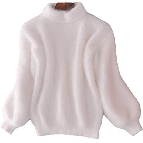 Lady Winter Angora Cashmere Blend Loose Warm Pull Fluffy Fuzzy Plush Jumper (Blanc)