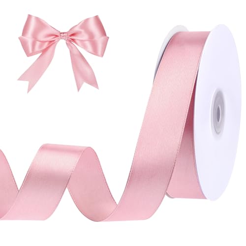Image of woric Pink Ribbon 1 Inch 50 Yards Pink Bow Satin Ribbon for Flower Bouquet Girls Hair Bows Diaper Cake Baby Nursery Bridal Party Ribbons
