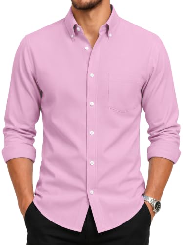 GIANZEN Mens Pink Dress Shirt Button Up Men Men's Collared Oxford Shirts for Long Sleeve Big and Tall Slim Fit Down Pink Size M