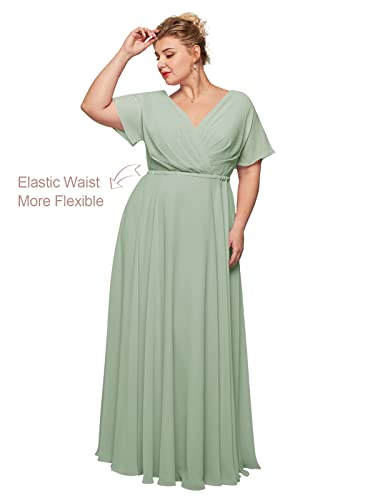 Alicepub Wrap V-Neck Plus Size Bridesmaid Dresses Chiffon Long Maxi Formal Dress For Women Party Evening, Sage Green, Us20 #TOP1