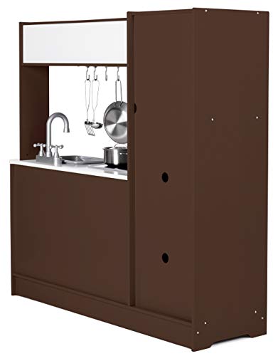 Image of Amazon Basics Kids Upright Wooden Kitchen Toy Playset with Stove, Oven, Sink, Fridge and Accessories, for Toddlers, Preschoolers, Children Age 3+ Years, Espresso /Gray, 39x11.8x39''