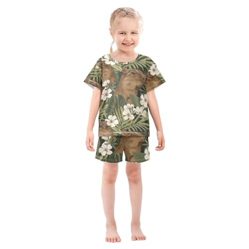 ALAZA Capybara Flower Leaf Blossom Pajamas Short Sleeve 2 Piece Sleepwear Top and Bottom Pajama Set Unisex3