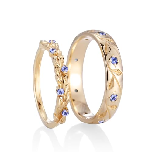 2pcs Leaf Couple Wedding Rings Sets, S925/10K/14K/18K Gold Vine Branch Engagement Rings Set for Man and Women, Customized His and Her Matching Promise Bands Free Engraving for Anniversary(Style 1)4