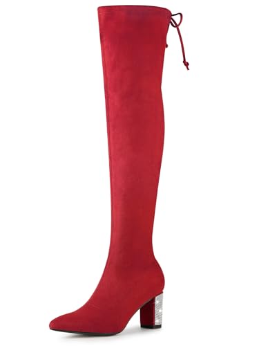 Allegra K Botas por Encima de la Rodilla con Tacones Gruesos y Diamantes de imitación para Mujer Rojo 36