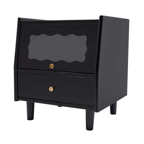 ZUANYAN Oak Nightstand Glass Drawer Solid Wood Nightstand for Living Room Office Bedroom Black Nightstand