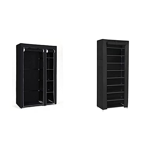 SONGMICS Portable Wardrobe, Foldable Closet, Clothes Storage Organiser, 110 x 45 x 175 cm, Black LSF007 & 10-Tier Fabric Rack, Shoe Organiser, Large Capacity, 58 x 28 x 160 cm, Black RXJ10H