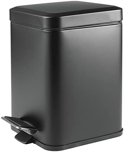 mDesign Square Household Rubbish Bin  6 Litre Metal Waste Bin with Pedal, Lid and Plastic Bucket Insert  Pedal Waste Basket for Bathroom, Kitchen and Office  Black