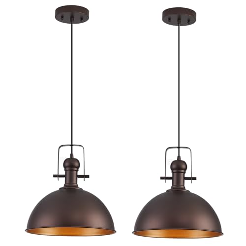 Image of 12 Inch ORB Farmhouse Pendant Lights for Kitchen Island 2 Pack | ETL Certificate, Easy to Install,Adjustable Height Cord,Vintage Industrial Dome Hanging Light Fixtures