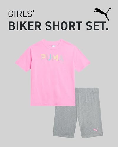 Image of PUMA Girls' Biker Short Set - 2 Piece Short Sleeve Crewneck Graphic Tee Shirt and Bike Shorts for Girls (Sizes: 7-14)