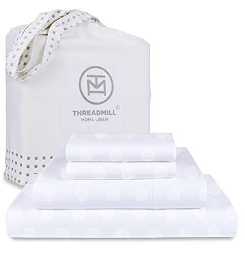 Threadmill THM-300-JRBPOLKADOT-WHITE-Q Cotton Queen Sheet Set | 100% Cotton Sheets For Queen Size Bed | Damask Jacquard Queen Bed Sheets Set cover