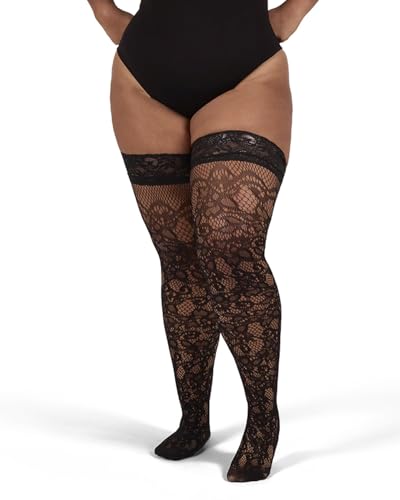 MeMoi Women's Net Swirl-Pattern Lace-Top Plus Size Thigh High Stockings