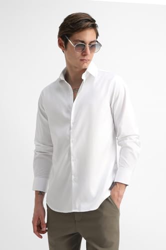 Image of SNITCH Men Formal Shirt | Tailored Slim Fit Full Sleeve Spread Collar Solid Style | Breathable Polyester Viscose Blend Twill Fabric for Office & Evening