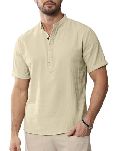 YAOHUOLE Herren Leinen Hemd Kurzarm Henley Sommerhemd Freizeithemd Leinen Shirt Khaki L