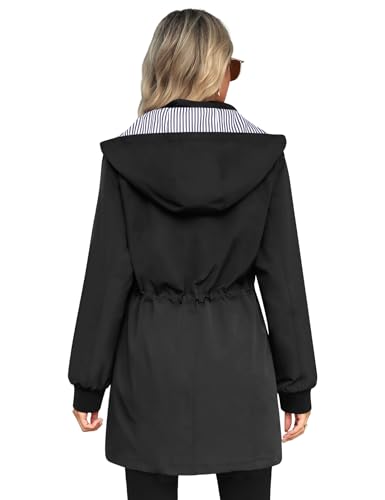 Bloggerlove Women's Raincoat Striped Lined Waterproof Windbreaker Active Outdoor Hooded Trench Coats