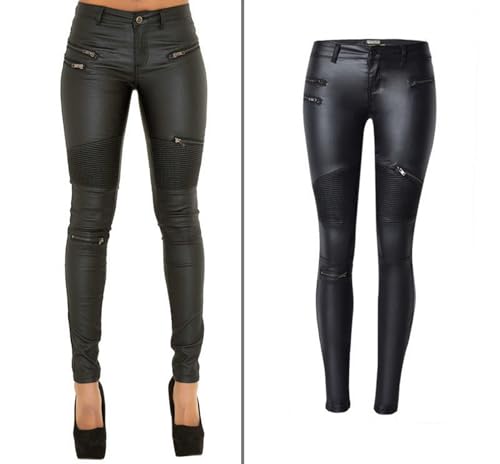 Black Pants PU Leather Coated Denim Pants for Women Sexy Tight Stretchy Rider Leggings4