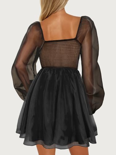 WISFRUIT Womens Boho Square Neck Dress Long Puff Sleeve Backless Smocked High Waist A Line Casual Short Mini Dresses2