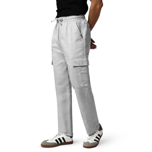 Image of Urbano Fashion Men's Straight Fit Linen Cargo Pants with 6 Pockets