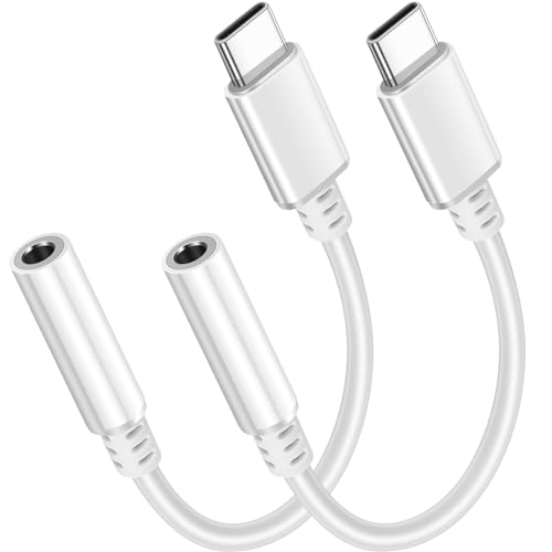 USB-C to 3.5mm Headphone Jack Adapter - Hi-Fi Sound Music Control Type C to AUX Audio Dongle Cable 2 Pack for iPhone 15/15 Pro/Pro Max, Samsung Galaxy S24/S23/S22 Ultra, iPad Pro, MacBook (White)