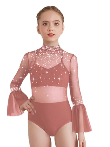 TiaoBug Leotardo De Malla Transparente Para Niñas Cuello Alto Manga Acampanada Sin Espalda Maillot De Baile Para Gimnasia Patinaje Artístico Rosa empolvado 13-14 años