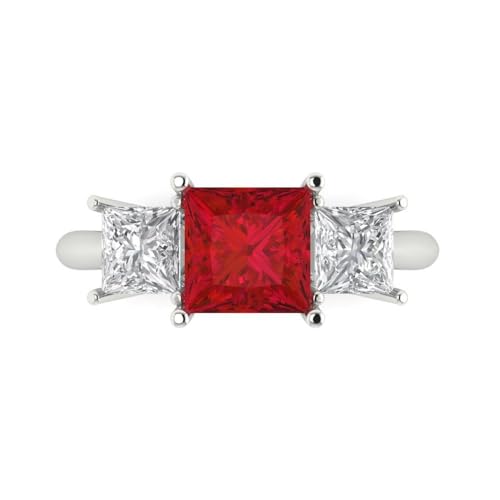 Clara Pucci 2.5 CT Princess Cut Simulated Ruby Ring for Women in 14K White Gold, 3 Stone Proposal Wedding Anniversary Designer Bridal Ring, Womens Solid Gold Ring