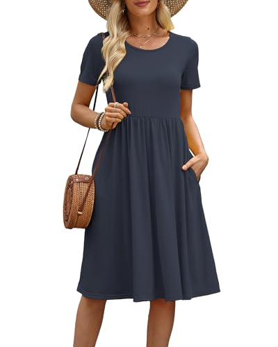 Image of COSSEN Women's 2026 Summer Midi Dress Crew Neck Short Sleeve Casual Tshirt Flowy Loose Sundress with Pockets