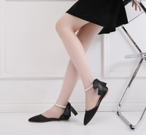 Image of Women's Bride Ballet Flats Satin Pointed Toe Pearl Ankle Strap Shoes | Satin Pointed Toe Flats; Pearl Ankle Strap Wedding Shoes