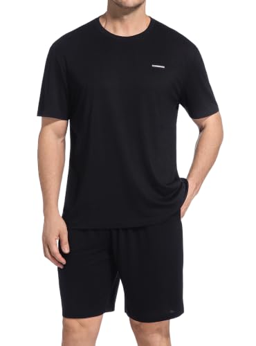 Image of SlumberMee Mens Cooling Pajamas Set Soft Bamboo-like Viscose Short Sleeve Sleepwear 2 Piece Lounge Set for Hot Sleepers
