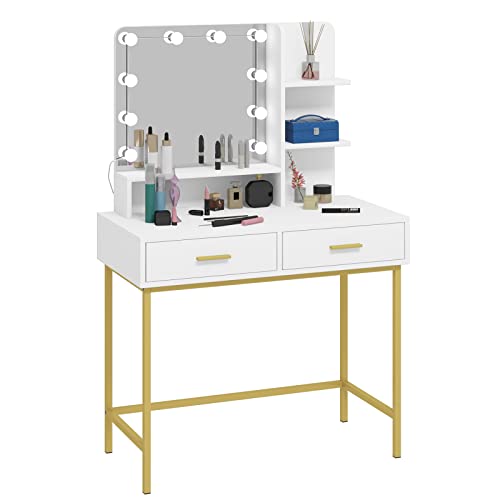 WOLTU Tocador de Maquillaje con Espejo y 10 Bombillas LED, Mesa de Tocador con 2 Cajones Grandes y Estantes, Estilo Moderno para Dormitorio, 90x45x137cm, Blanco+Dorado, MB6090ws