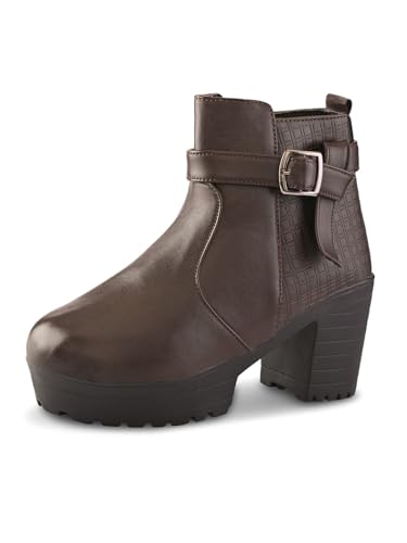 Image of XE Looks Fashionable & Trendy Block Heel Ankle Boots for Women with Buckle Detail and Zipper Closure, Ideal for Casual and Dressy Outfits for Women & Girls
